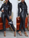 Button-Front Belted Faux-Leather Jumpsuit