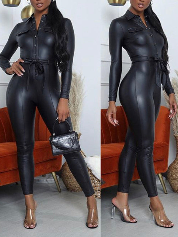 Button-Front Belted Faux-Leather Jumpsuit