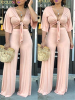 Knot Front Crop Top & Wide Leg Pants Two Pieces