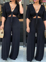 Knot Front Crop Top & Wide Leg Pants Two Pieces