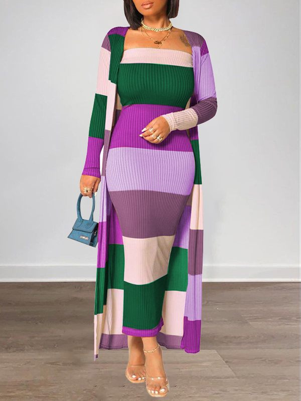 Colorblock Ribbed Dress & Cardigan Set