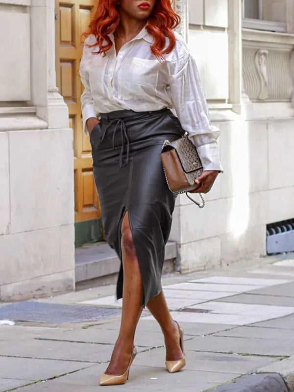 Tied Slit Faux-Leather Skirt