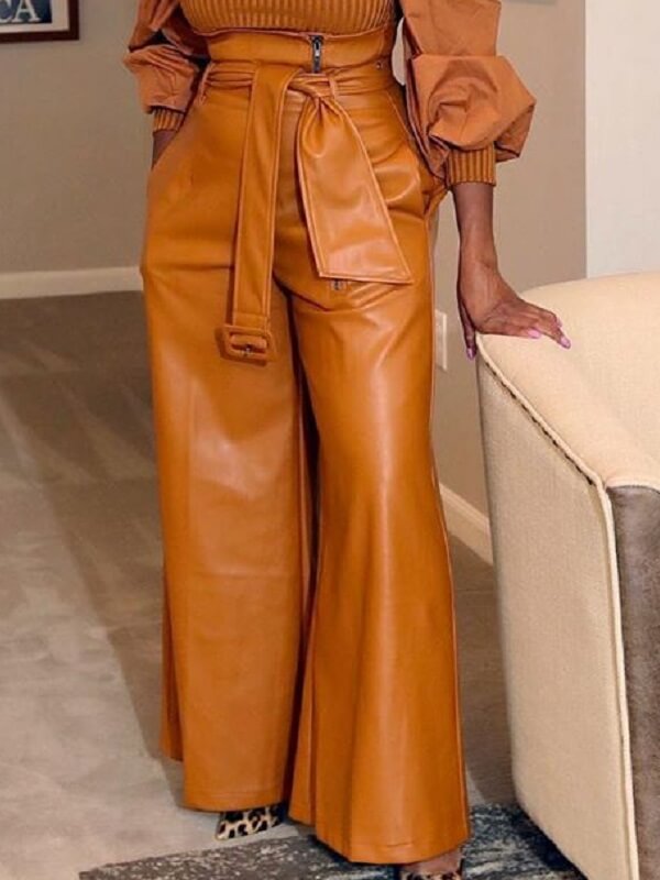 Faux-Leather Wide-Leg Belted Pants